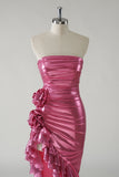 Sprankelende Fuchsia Metallic strapless galajurk met split