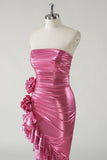 Sprankelende Fuchsia Metallic strapless galajurk met split