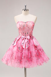 Fuchsia A-lijn Bloemen Strapless Korset Tule Homecoming Jurk met Strikken