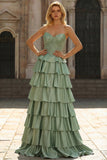 Groene prinses Baskische taille met gelaagde ruches lange galajurk met kralen