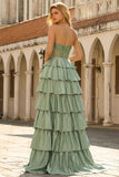 Groene prinses Baskische taille met gelaagde ruches lange galajurk met kralen