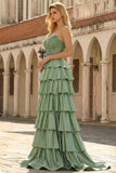 Groene prinses Baskische taille met gelaagde ruches lange galajurk met kralen