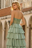 Groene prinses Baskische taille met gelaagde ruches lange galajurk met kralen