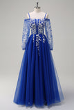 Sparkly Royal Blue A-Line Cold Shoulder Lange Mouwen Lange Galajurk met Appliques