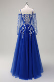 Sparkly Royal Blue A-Line Cold Shoulder Lange Mouwen Lange Galajurk met Appliques