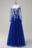 Sparkly Royal Blue A-Line Cold Shoulder Lange Mouwen Lange Galajurk met Appliques