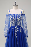 Sparkly Royal Blue A-Line Cold Shoulder Lange Mouwen Lange Galajurk met Appliques