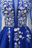 Sparkly Royal Blue A-Line Cold Shoulder Lange Mouwen Lange Galajurk met Appliques