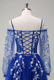 Sparkly Royal Blue A-Line Cold Shoulder Lange Mouwen Lange Galajurk met Appliques