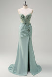 Sparkly Navy Zeemeermin Pailletten Ruched Korset Lange Prom Jurk met Split