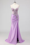 Sparkly Navy Zeemeermin Pailletten Ruched Korset Lange Prom Jurk met Split