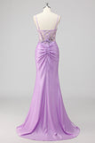 Sparkly Navy Zeemeermin Pailletten Ruched Korset Lange Prom Jurk met Split