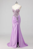Sparkly Navy Zeemeermin Pailletten Ruched Korset Lange Prom Jurk met Split