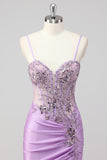 Sparkly Navy Zeemeermin Pailletten Ruched Korset Lange Prom Jurk met Split