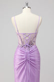Sparkly Navy Zeemeermin Pailletten Ruched Korset Lange Prom Jurk met Split