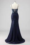 Sparkly Navy Zeemeermin Pailletten Ruched Korset Lange Prom Jurk met Split