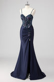 Sparkly Navy Zeemeermin Pailletten Ruched Korset Lange Prom Jurk met Split
