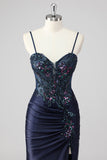 Sparkly Navy Zeemeermin Pailletten Ruched Korset Lange Prom Jurk met Split