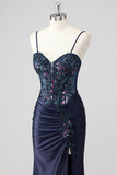 Sparkly Navy Zeemeermin Pailletten Ruched Korset Lange Prom Jurk met Split