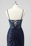 Sparkly Navy Zeemeermin Pailletten Ruched Korset Lange Prom Jurk met Split