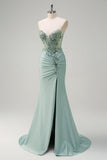 Sparkly Navy Zeemeermin Pailletten Ruched Korset Lange Prom Jurk met Split