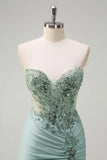 Sparkly Navy Zeemeermin Pailletten Ruched Korset Lange Prom Jurk met Split
