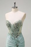 Sparkly Navy Zeemeermin Pailletten Ruched Korset Lange Prom Jurk met Split