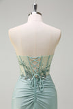 Sparkly Navy Zeemeermin Pailletten Ruched Korset Lange Prom Jurk met Split