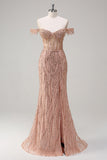 Sprankelende Dusty Rose zeemeermin Off the Shoulder lange galajurk met split