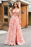 Roze Off The Shoulder A-Line Korset 3D Vlinders Floral Prom Dress met Split