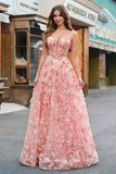 Roze Off The Shoulder A-Line Korset 3D Vlinders Floral Prom Dress met Split