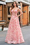 Roze Off The Shoulder A-Line Korset 3D Vlinders Floral Prom Dress met Split