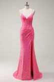 Sprankelende Hot Pink Pailletten Corset Zeemeermin Prom Dress met Split