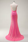 Sprankelende Hot Pink Pailletten Corset Zeemeermin Prom Dress met Split