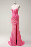 Sprankelende Hot Pink Pailletten Corset Zeemeermin Prom Dress met Split