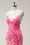 Sprankelende Hot Pink Pailletten Corset Zeemeermin Prom Dress met Split