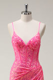 Sprankelende Hot Pink Pailletten Corset Zeemeermin Prom Dress met Split