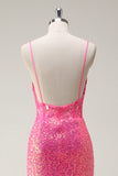 Sprankelende Hot Pink Pailletten Corset Zeemeermin Prom Dress met Split