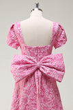 Fuchsia A-Line Bow Floral Galajurk met Vierkante Hals en Split