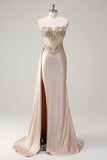 Champagne strapless zeemeermin satijnen kant Cape Prom jurk met pailletten