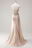 Champagne strapless zeemeermin satijnen kant Cape Prom jurk met pailletten