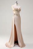 Champagne strapless zeemeermin satijnen kant Cape Prom jurk met pailletten