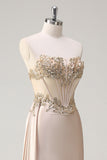 Champagne strapless zeemeermin satijnen kant Cape Prom jurk met pailletten