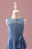 Stoffige Blauwe A Line Lace Chiffon Ruches Junior Bruidsmeisje Jurk Met Riem