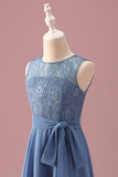 Stoffige Blauwe A Line Lace Chiffon Ruches Junior Bruidsmeisje Jurk Met Riem