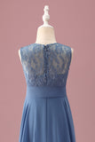 Stoffige Blauwe A Line Lace Chiffon Ruches Junior Bruidsmeisje Jurk Met Riem