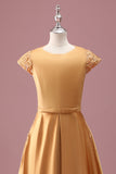 Gouden Chiffon met ronde hals A Line korte mouwen Junior Bruidsmeisjesjurk