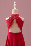 Kanten Halter Rood A Line Chiffon Ruched Junior Bruidsmeisje Jurk