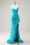 Blauwe Spaghetti Bandjes Zeemeermin Beaded Lange Korset Prom Dress met Ruffle Split