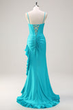 Blauwe Spaghetti Bandjes Zeemeermin Beaded Lange Korset Prom Dress met Ruffle Split